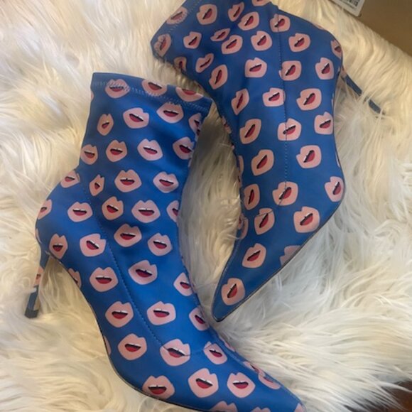 ZARA BLUE LIPS PRINT FABRIC HEELED ANKLE BOOTS - Picture 7 of 9